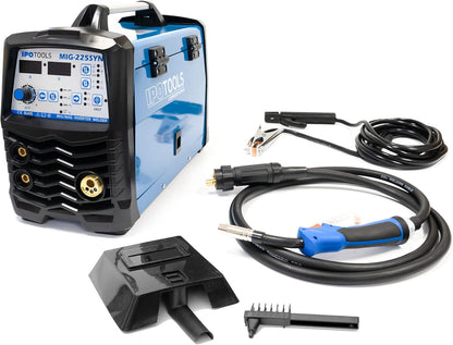 IPOTOOLS MIG-225SYN Inverter lasapparaat MIG MAG - beschermingsgas lasapparaat met 225 ampère, synergic-functie, vuldraad en elektroden, E-hand, digitaal display, IGBT, 230 V