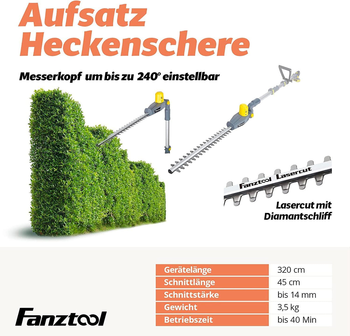 FANZTOOL 2-in-1 accu telescopische heggenschaar, hoogsnoeizaag, reciprozaag met 20 V/2 Ah Li-ion accu, snellader, 45 cm zwaardlengte, telescoopsteel tot 3,2 m, lichtgewicht zaag, ontworpen in JAPAN