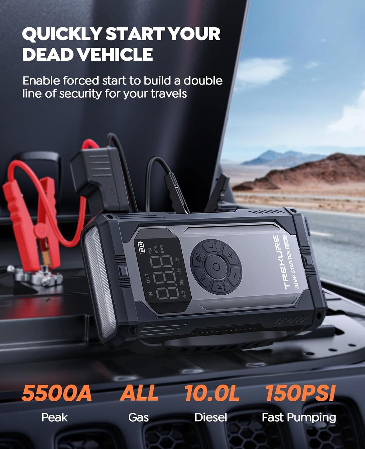 TREKURE 5500A Jump Starter Power Pack met 150PSI Luchtcompressor, 12V Draagbare Auto Accu Booster Jump Starter voor alle Benzine/10L Diesel, Auto Starter Powerbank met Startkabels, Noodverlichting