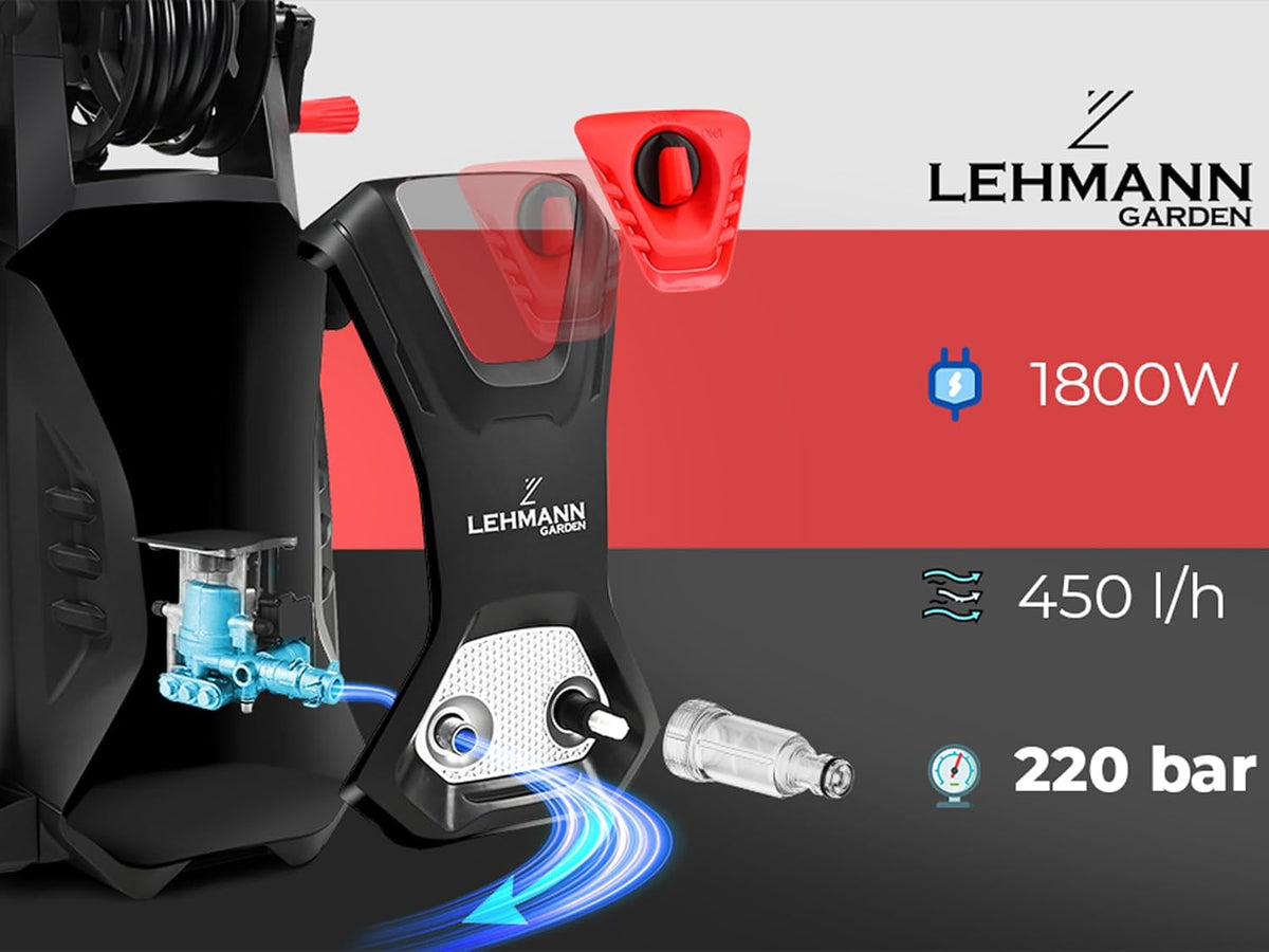 LEHMANN Hudson Hogedrukreiniger met Aluminium Pomp, 1800 W, Max. 220 Bar Druk, 450 l/h Debiet, Accessoireset - Terrasborstel, Schuimer, Velgenborstel, Ideaal voor Terrassen, Tuinen, Auto