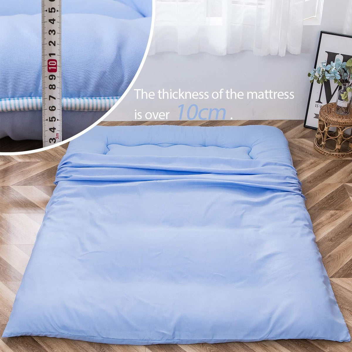 Maxyoyo Futonmatras, gewatteerd Japanse vloermatras, doorgestikte bedtopper, extra dik opvouwbaar slaapkussen, ademend vloerbed, logeerbed, slaapbank (dusty-blue, eenpersoons)