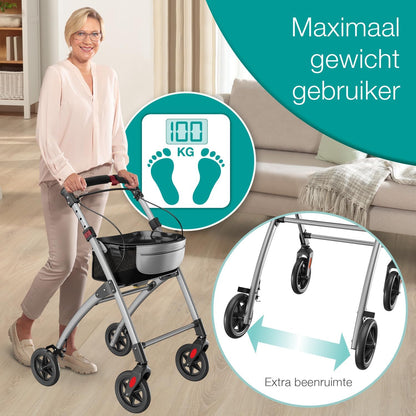 ELONEO Lichtgewicht Rollator voor Binnen - 54 cm Breed, Opvouwbaar Looprek met Dienblad en Stoffen Mandje, Smalle Rollator van Aluminium, Inklapbaar Mobiliteitshulpmiddel, Zilver
