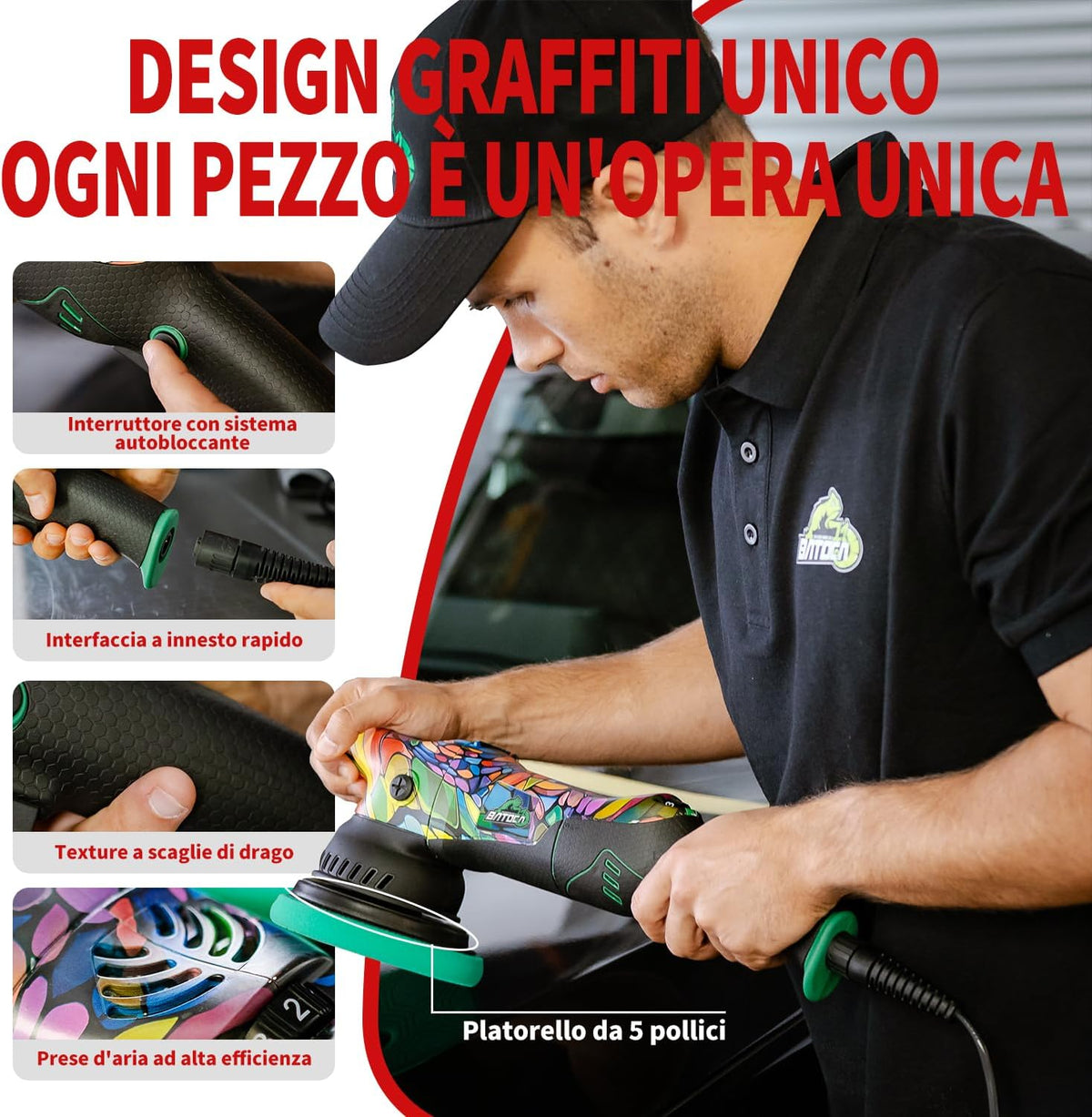 BATOCA P1 Excentrische polijstmachine, 1000 W, auto, 125 mm, 6-traps toerentalregeling, 2500-5500 omw/min, 8 m, afneembare kabel, waxen, polijsten, krasverwijdering voor auto en motorfiets
