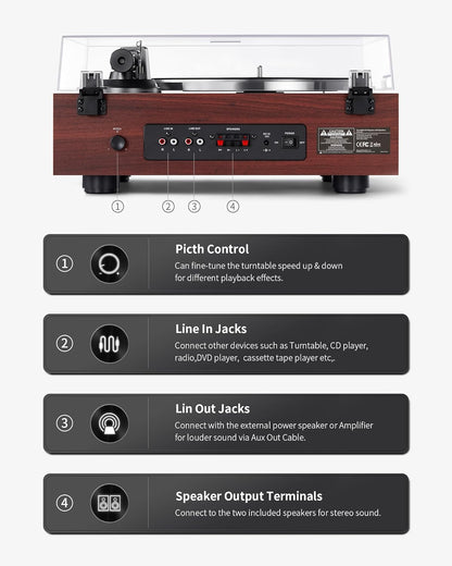 ANGELS HORN Vintage platenspeler, HiFi Bluetooth platenspeler met plankluidsprekers, ingebouwde phono-voorversterker, 2-speed riemaandrijving, stappenbediening, pick-up AT-3600L