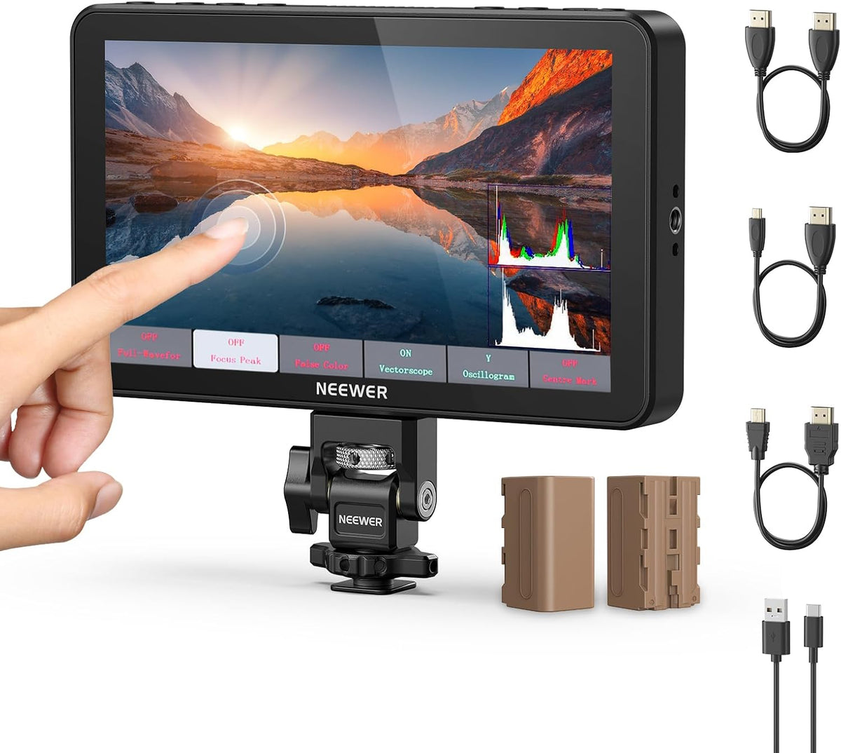 NEEWER F700 7 inch veldmonitor voor camera, 2000nit HD 1920 x 1080 IPS touchscreen 3D LUT, Loop in/out HDMI 4K Peak Focus DSLR Video Assist HDR Waveform, ColdShoe, 2 accu's NP-F750, reinigingsdoek