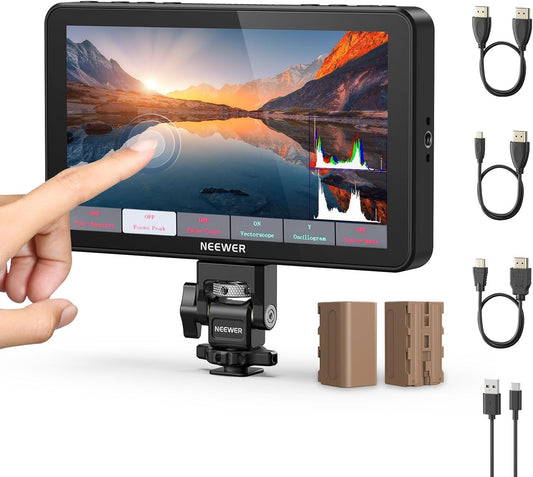 NEEWER F700 7 inch veldmonitor voor camera, 2000nit HD 1920 x 1080 IPS touchscreen 3D LUT, Loop in/out HDMI 4K Peak Focus DSLR Video Assist HDR Waveform, ColdShoe, 2 accu's NP-F750, reinigingsdoek