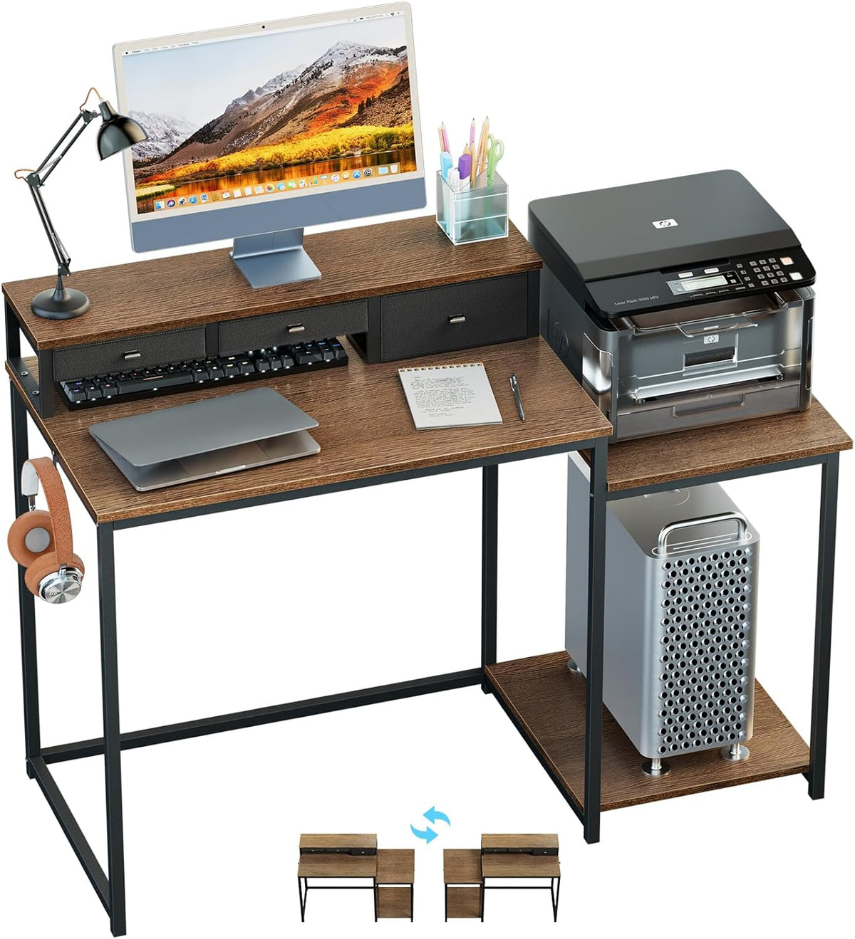 WOHOMO 47 inch computerbureau met printerplank, gamingbureau met monitorstandaard en laden, omkeerbaar thuiskantoor bureau met opbergplanken en 3 haken, thuiswerkstation voor studie schrijven, walnoot