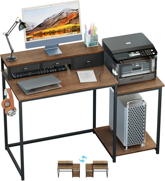WOHOMO 47 inch computerbureau met printerplank, gamingbureau met monitorstandaard en laden, omkeerbaar thuiskantoor bureau met opbergplanken en 3 haken, thuiswerkstation voor studie schrijven, walnoot