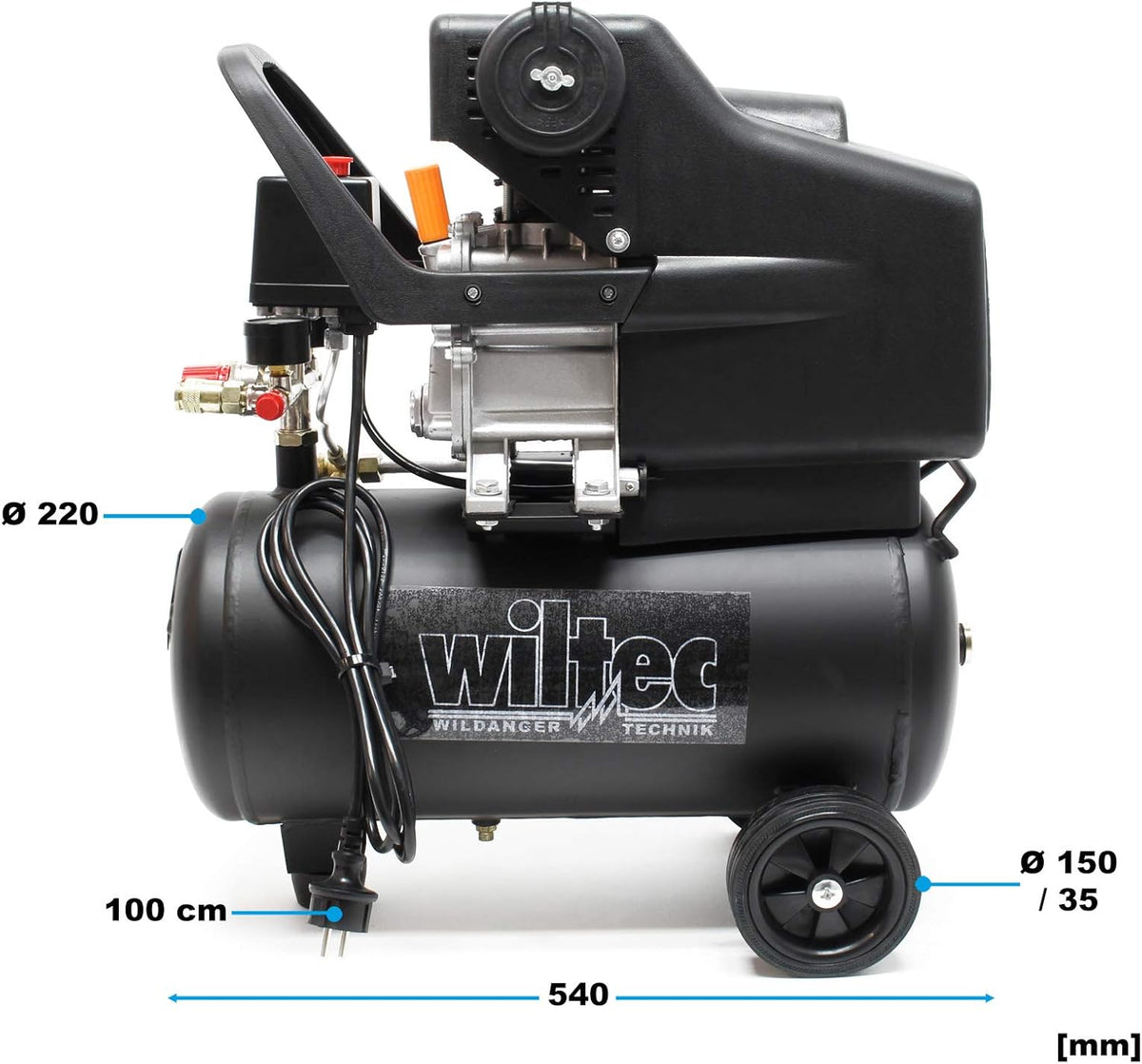 Wiltec luchtcompressor met 24 liter tank 1100 W werkplaatscompressor 8 bar en 1,1 kW, mobiele compressor voor luchtdruk en perslucht