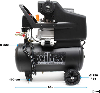 Wiltec luchtcompressor met 24 liter tank 1100 W werkplaatscompressor 8 bar en 1,1 kW, mobiele compressor voor luchtdruk en perslucht