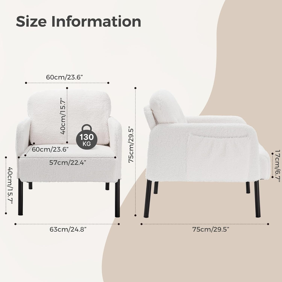 Mondeer Fauteuil, accentstoel met opbergtas en metalen poten, zachte imitatie lamswollen stof voor woonkamer, slaapkamer, leesreceptie, lounge, 63 x 75 x 75 cm, wit