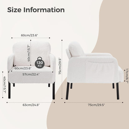 Mondeer Fauteuil, accentstoel met opbergtas en metalen poten, zachte imitatie lamswollen stof voor woonkamer, slaapkamer, leesreceptie, lounge, 63 x 75 x 75 cm, wit