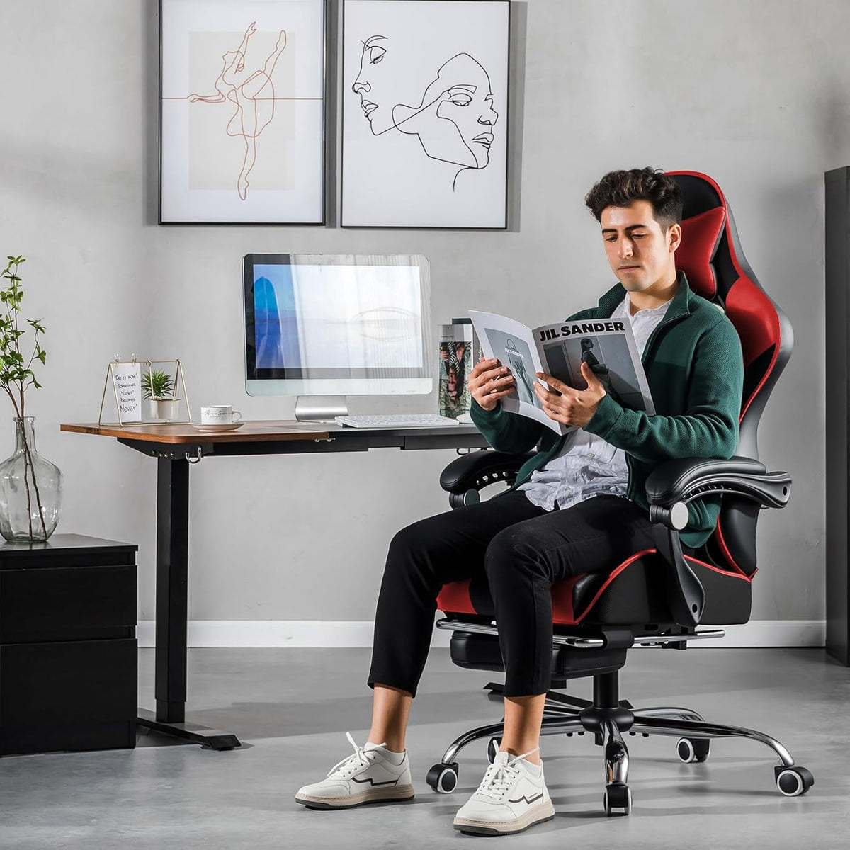 GTPLAYER Gamingstoel, bureaustoel, ergonomische pc-stoel, gamingstoel met massagesteun, task stoelen met voetensteun en hoofdsteun, rood kunstleer
