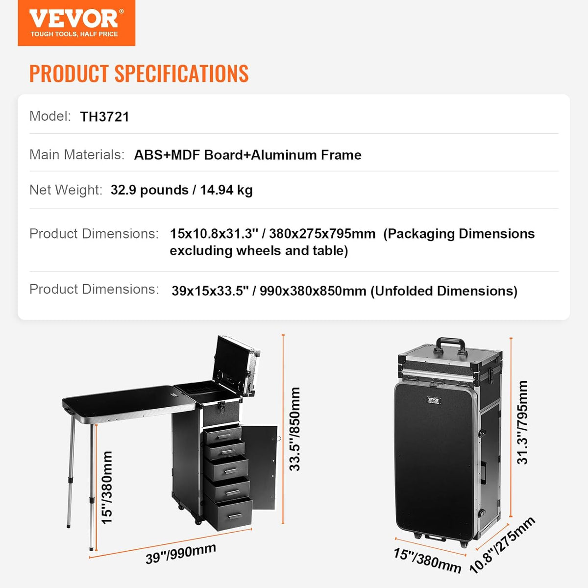 VEVOR Professionele make-uptas van aluminium, werkbank met steunpoten, make-uptas met wielen, grote reisorganizer, met 360° draaibare wielen, zwart, Zwart, cosmeticatas met wieltjes