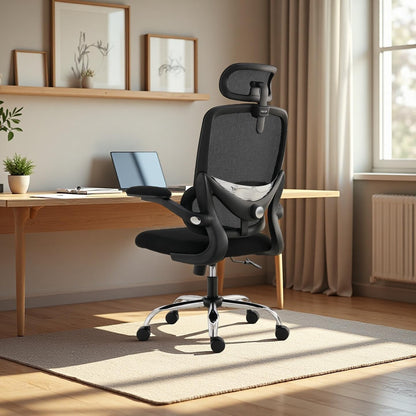 Ergonomic Office Chair, Swivel Office Chair with Mesh High Backrest, Adjustable Lumbar Support, Folding Armrests, Detachable Headrest, Space Saving, 155-185cm, up to 150kg