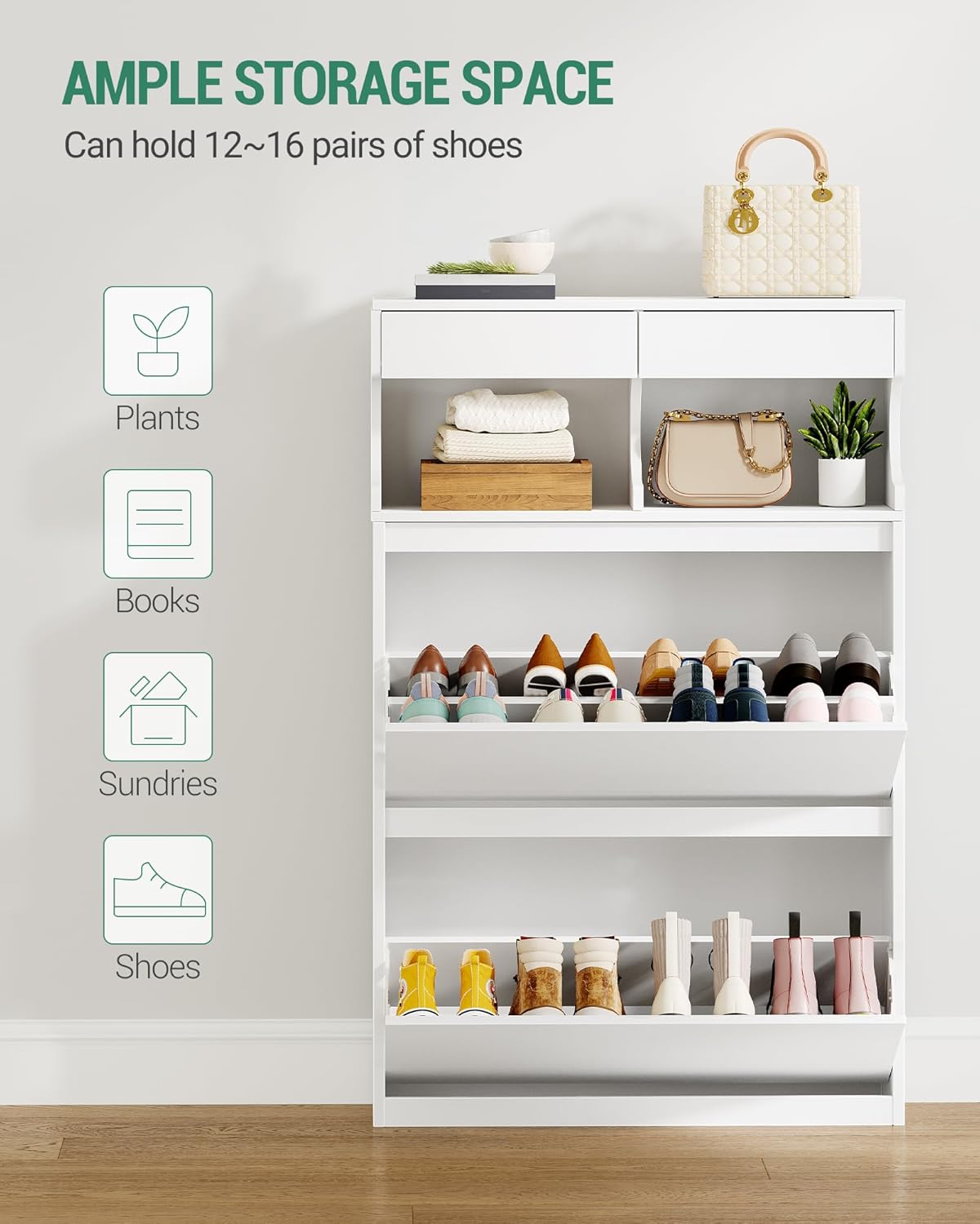 Hzuaneri Shoe Cabinet, Shoe Cabinet with 2 Flaps, 12-16 Pairs, Adjustable Divider, Large Capacity for Entrance, Hallway, Bedroom, White SR45303X