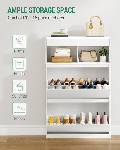 Hzuaneri Shoe Cabinet, Shoe Cabinet with 2 Flaps, 12-16 Pairs, Adjustable Divider, Large Capacity for Entrance, Hallway, Bedroom, White SR45303X