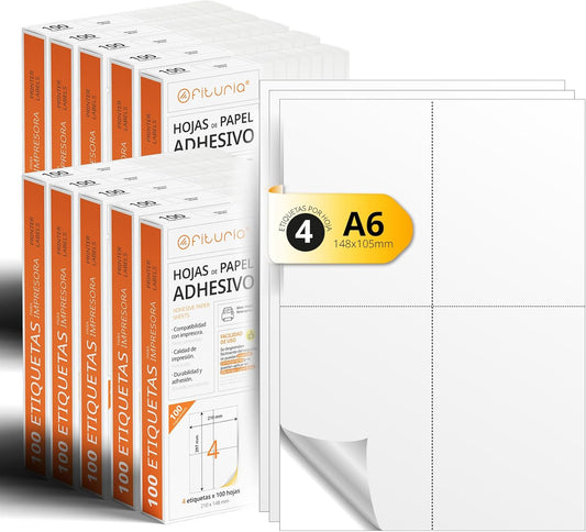 A4-vellen met witte zelfklevende etiketten, maak je gepersonaliseerde stickers op elk oppervlak, veilig zelfklevend A4-papier, zelfklevend etiket om af te drukken - Ofituria (4 per vel, 2000 vellen)