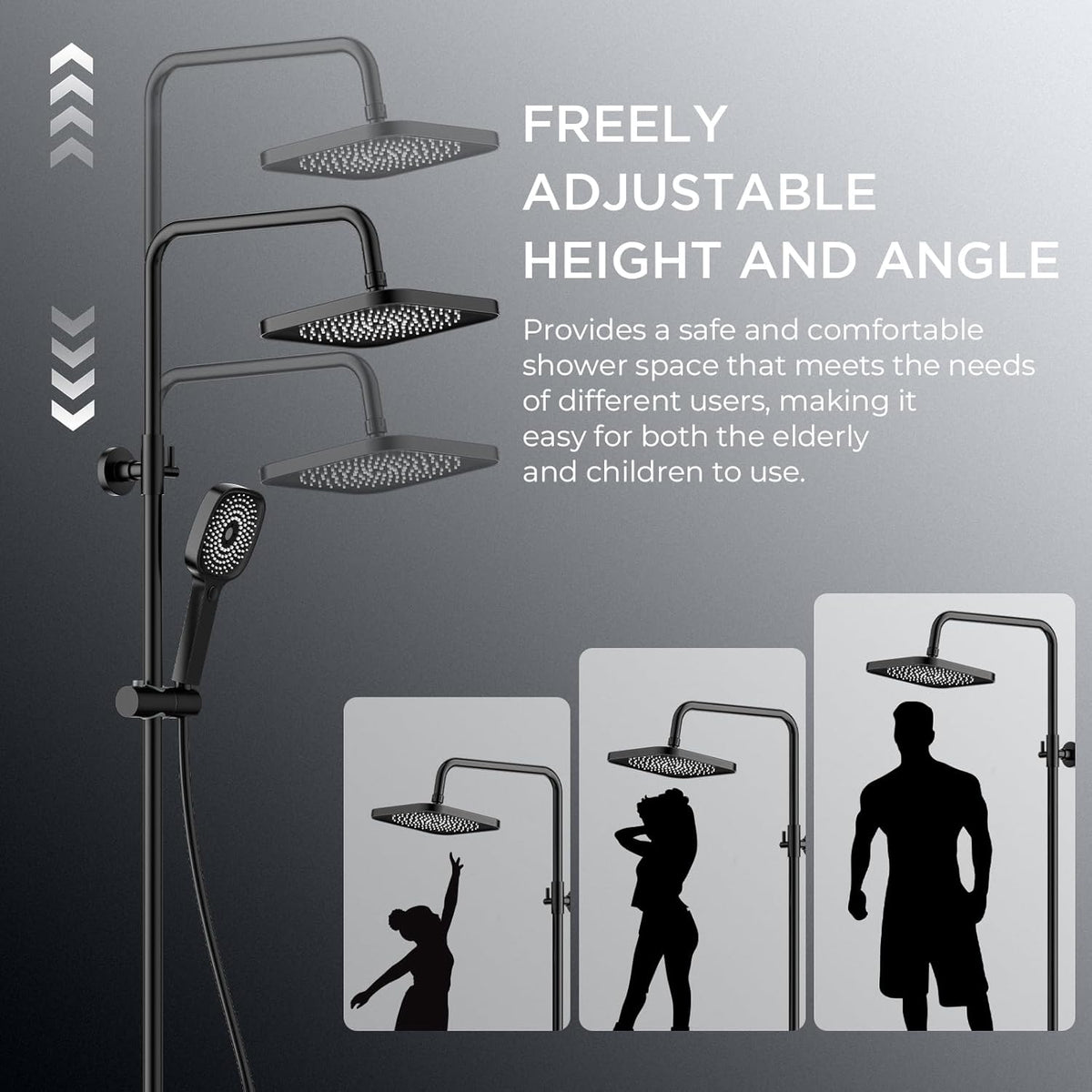 FORIOUS Shower System with Thermostat, Stainless Steel Shower Fixture, Complete Set with 25 cm Square Overhead Rain Shower, 90-125 cm Height Adjustable Shower Rod, 3 Jet Types,