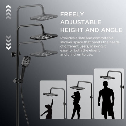 FORIOUS Shower System with Thermostat, Stainless Steel Shower Fixture, Complete Set with 25 cm Square Overhead Rain Shower, 90-125 cm Height Adjustable Shower Rod, 3 Jet Types,