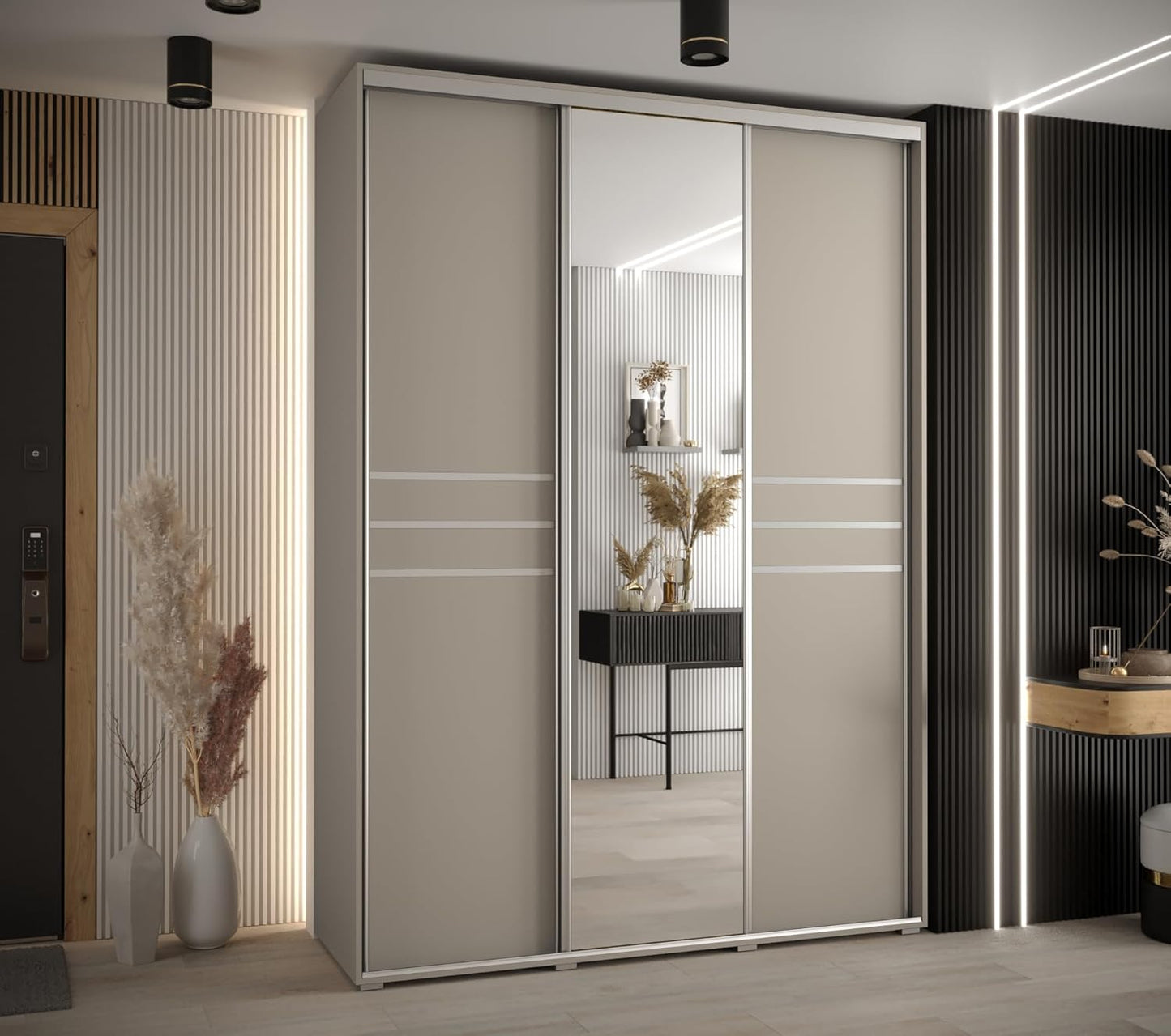 MEBLE KRYSPOL Dakota 11 Wardrobe with Three Sliding Doors - Modern Wardrobe with Mirror, Clothes Rod and Shelves - 235x170x60cm - CashmereSilver - QUORE