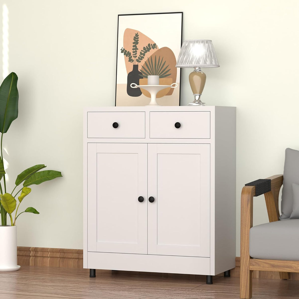 Metalen opbergkast met 2 laden en verstelbare plank, dressoir buffetkast voor thuis, kantoor, hal, entree, woonkamer, keuken bijkeuken en eetkamer (wit) - QUORE