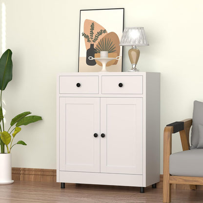 Metalen opbergkast met 2 laden en verstelbare plank, dressoir buffetkast voor thuis, kantoor, hal, entree, woonkamer, keuken bijkeuken en eetkamer (wit) - QUORE