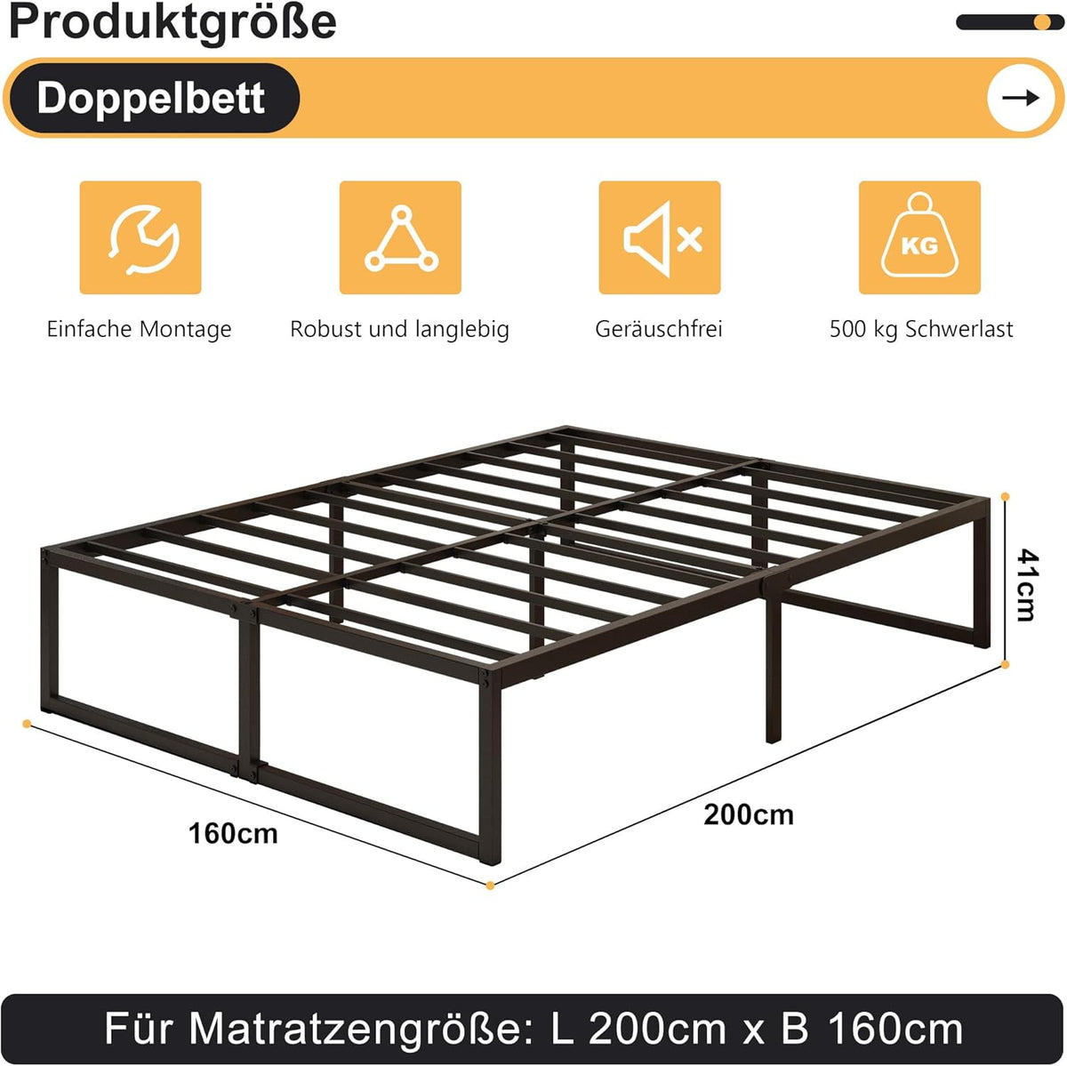 Yicensen Tweepersoonsbed 160 x 200 cm Metalen Bed Met Lattenbodem, Hoogte 41 cm, Dubbel Bedframe, Stil, Stabiel, Minimalistisch Design, Eenvoudig te Monteren, Zwart