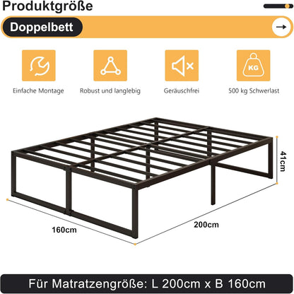 Yicensen Tweepersoonsbed 160 x 200 cm Metalen Bed Met Lattenbodem, Hoogte 41 cm, Dubbel Bedframe, Stil, Stabiel, Minimalistisch Design, Eenvoudig te Monteren, Zwart