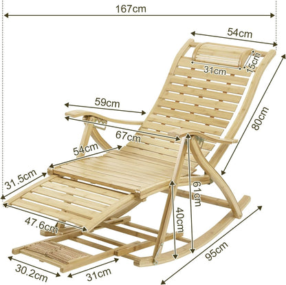 FATIVO Klapstoel, schommelstoel, bamboe, verstelbaar, 5 niveaus, schommelstoel met balkon, tuin, met massage, voetensteun, armleuning en kussen, maximale belasting van 150 kg