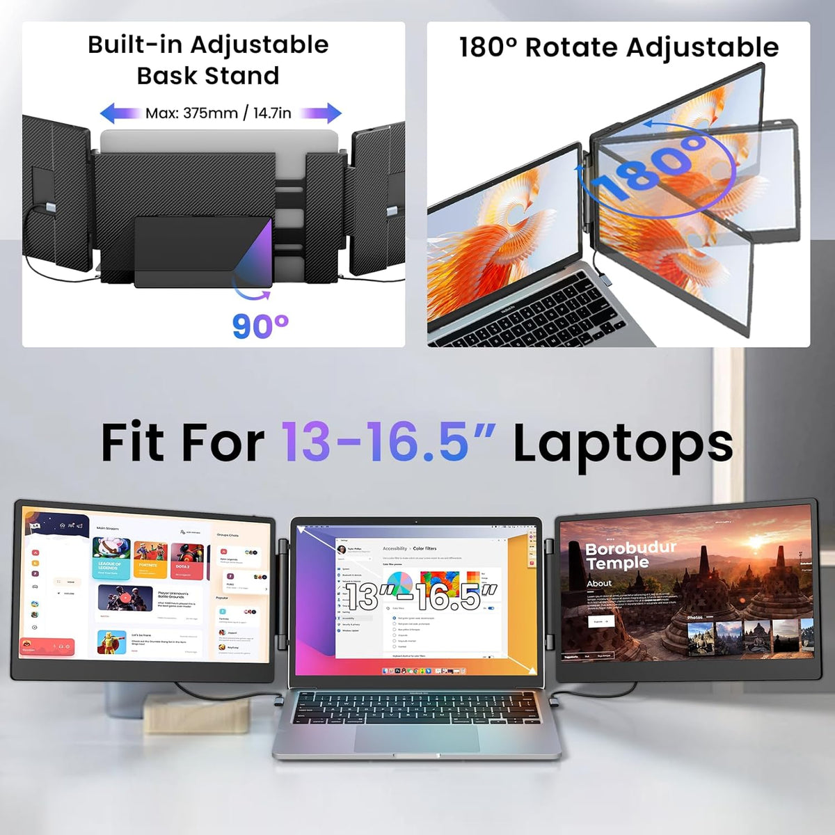 14 Inch Laptop Screen Extender – Laptop Monitor Uitbreiding – Draagbare Schermvergroter – Triple Scherm Monitor – Full HD Portable Monitor – 3x Schermruimte – Plug & Play Met Ingebouwde Speakers