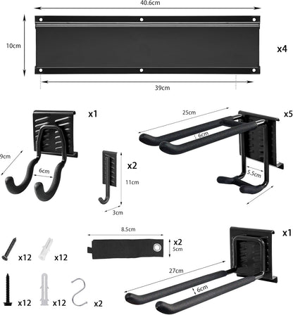 Gereedschapsrek - Gereedschapwand - Gereedschaphouder - Wandhouder - voor Tuingereedschap - Elektrisch Gereedschap - met 4 Paneele - 9 Haken - Veelzijdige Haakconfiguratie - Robuust - voor Garage - Tuin - 162 cm - Zwart