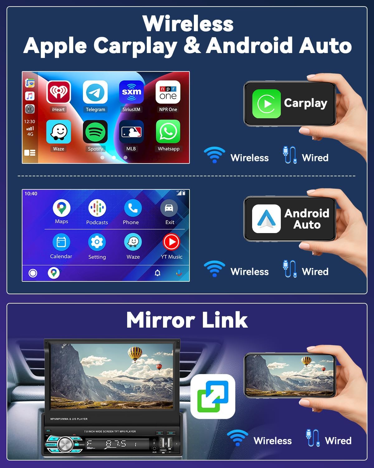 1-DIN Autoradio – Draadloze Radio – CarPlay Systeem – Android Auto Radio – Bluetooth Autoradio – Uittrekbaar 7" Touchscreen – Inclusief Achteruitrijcamera - QUORE