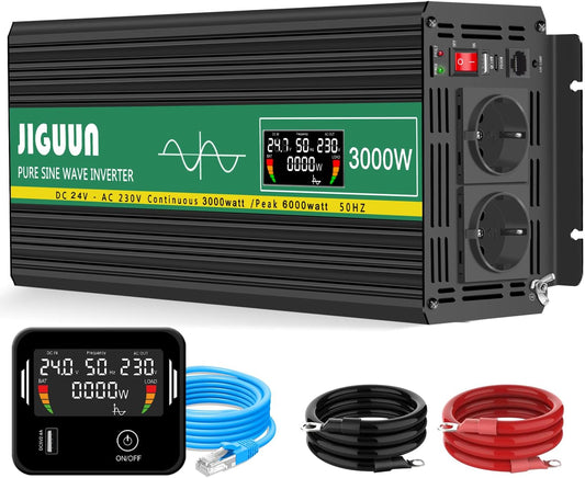 JIGUUN 3000W/4000W omvormer 24v naar 230v zuivere sinus Converter power inverter met afstandsbediening LCD-scherm 2 Eu-stopcontact & 1 USB-poort voor auto, camping, reizen,noodgeval