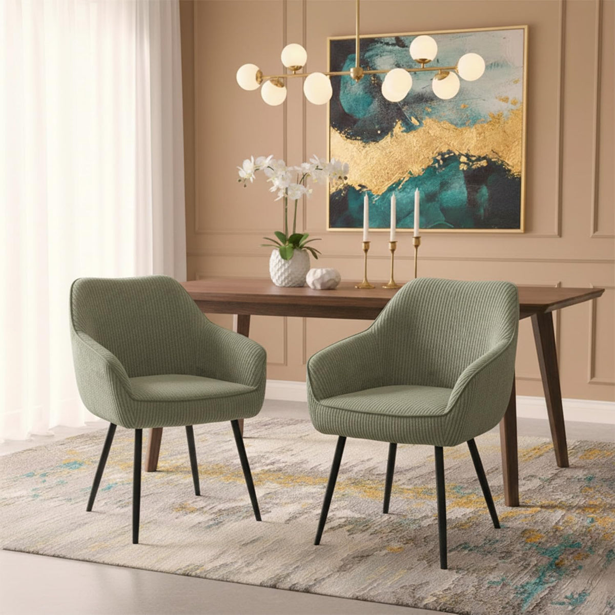 Draaistoel Eetkamerstoel – Stoel – Eetstoel – Zwarte Poten – Groene Bekleding – 360° Draaibaar – Massief Eikenhout Frame