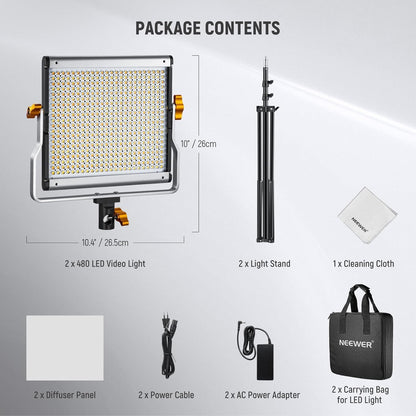 NEEWER Videoverlichtingsset 480, tweekleurig, dimbaar, met 190 cm, 2 statieven en U-houder, led-paneel 3200 K-5600 K, CRI96+ voor YouTube-opname, camera, hoofdlamp