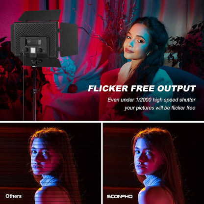 Soonpho 2 stuks videolicht, led, RGB, paneel met roosterdeur, 2500 – 8500 K, dimbaar, 20 W, fotografie, studiolicht, met 1,6 m statief en mobiele telefoonhouder voor video, YouTube Live