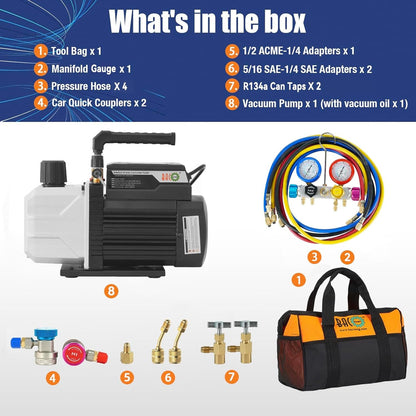 BACOENG 4.5 CFM Vacuum Pump, Air Conditioning Kit for HVAC/Car AC Refrigerant Charging, 4 Way Air Conditioning Filling, Manifold Gauge Set, Ideal for R134A R410A - QUORE