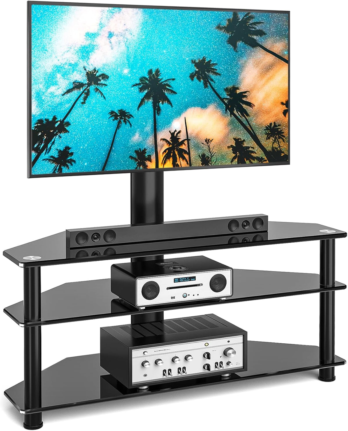 Rfiver Tv-rek, glas, televisietafel, tv-standaard voor 32-70 inch televisie, ± 45 graden draaibaar en in hoogte verstelbaar, tv-hoekkast, meubel, tv-kast met 3 planken van gehard glas, max. 50 kg