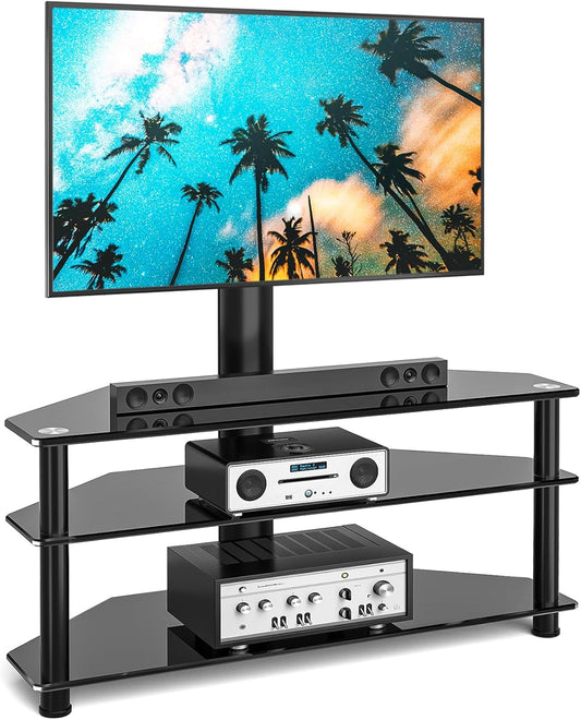 Rfiver Tv-rek, glas, televisietafel, tv-standaard voor 32-70 inch televisie, ± 45 graden draaibaar en in hoogte verstelbaar, tv-hoekkast, meubel, tv-kast met 3 planken van gehard glas, max. 50 kg