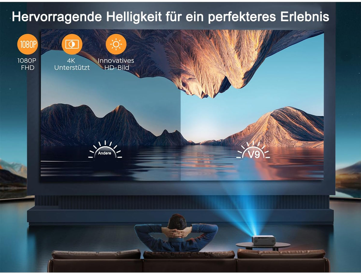 YABER Projector met autofocus/trapeziumcorrectie, 1080p full HD-beamer, ondersteunt 4K-video met wifi6 bluetooth, YABER 26.000 lumen, draagbare projector voor buiten, 7600 cm display, voor