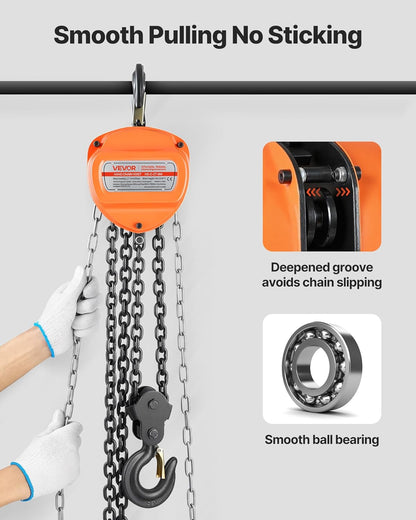 VEVOR Trekkoord met 2 T draagvermogen, handketting, 6 m hefhoogte, hoes met G80-ketting, krachtige takel, handmatige takel voor garages, magazijnen, automobielmachines, oranje