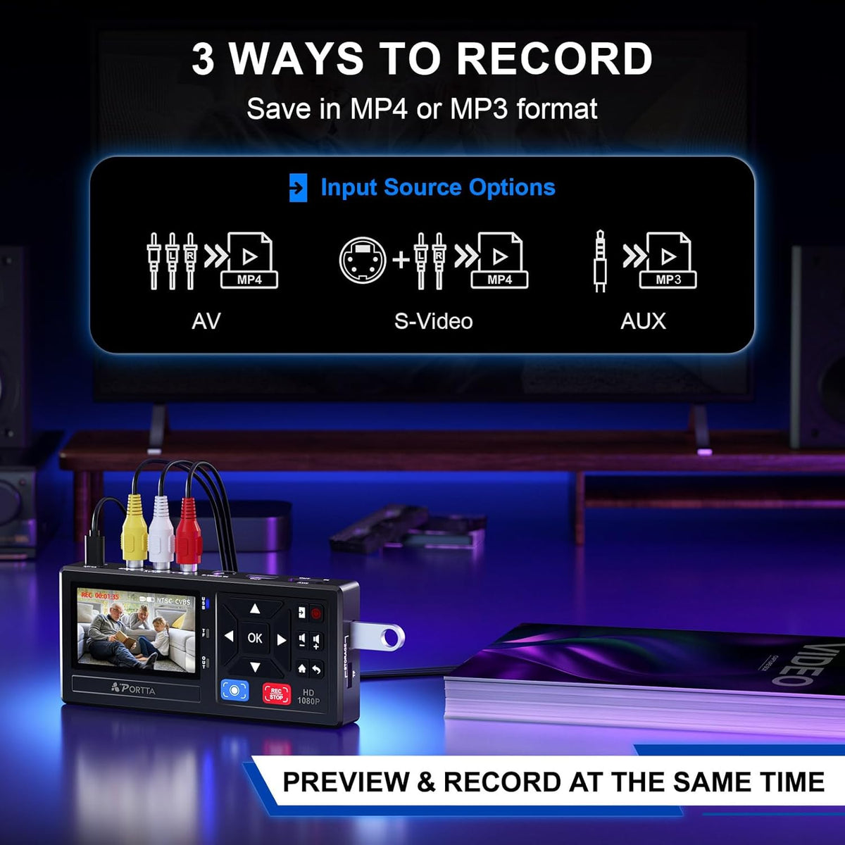 PORTTA VHS naar digitale converter, video naar digitaal recorder met afstandsbediening, compatibel met VHS, videorecorder, DVR, DVD, Hi8, Mini DV, camcorder, cassettetape, gameconsoles