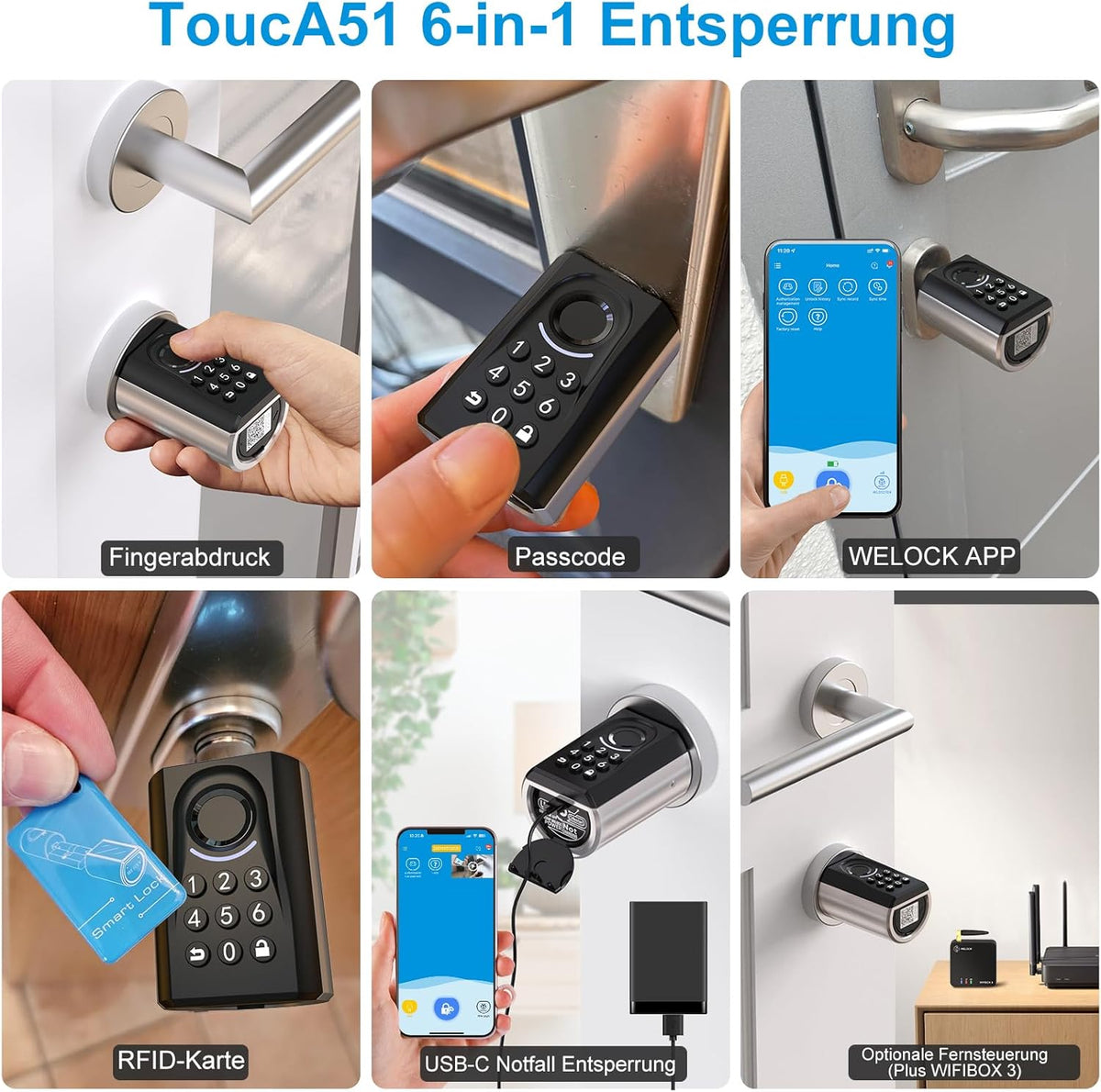 WELOCK ToucA51 Deurslot, vingerafdruk, pascode, vingerafdrukslot, voor huisdeur, met RFID-kaart-app, elektronische cijfercode, deurslot, verstelbare sluitcilinder voor 30-70 mm deur