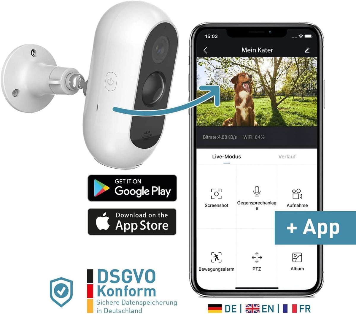 PetTec® Cam Free 2-delige set - Draadloze huisdiercamera hondencamera met app [ZONDER ABONNEMENT] - Katten & honden camera binnen/buiten - Bewegingsdetectie & spraakfunctie - Batterij tot 9 maanden