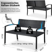 Tuinbank - Buitenbank - Terrasbank - Balkonbank - 2-zitsbank - met Staal Frame - Armsteunen - Tuinmeubelen - voor Tuin - Terras - Balkon - Polyrotan - 122 x 60 x 85 cm - Zwart