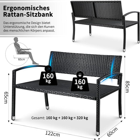 Tuinbank - Buitenbank - Terrasbank - Balkonbank - 2-zitsbank - met Staal Frame - Armsteunen - Tuinmeubelen - voor Tuin - Terras - Balkon - Polyrotan - 122 x 60 x 85 cm - Zwart