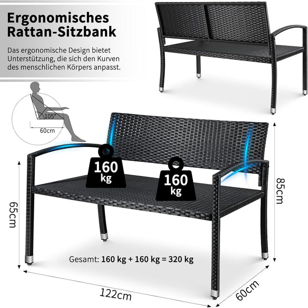 Tuinbank - Buitenbank - Terrasbank - Balkonbank - 2-zitsbank - met Staal Frame - Armsteunen - Tuinmeubelen - voor Tuin - Terras - Balkon - Polyrotan - 122 x 60 x 85 cm - Zwart