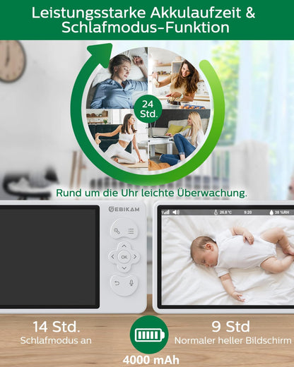 2K/3MP Babyfoon met Camera en App, 5,5 Inch Scherm, Bewegings- en Geluidsdetectie, Wifi, 4X Zoom, 4000mAh Accu, PTZ 355° Draaibaar, VOX-Modus, Nachtzicht, 2-Weg Audio, Temperatuuraanduiding