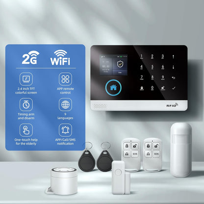 WIFI + GSM Home Security alarmsysteemkit DIY met PIR-detector, afstandsbedieningen, deur-/raamsensor compatibel met Alexa, geen maandelijkse kosten